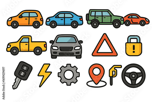 Car icon collection vector set. Automotive symbols for transport and driving. Includes sedan, SUV, pickup, electric car, key, GPS, and service icons. Cartoon illustration.