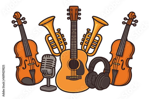 Musical instruments vector cartoon set. Collection with guitar, violin, trumpet, microphone, headphones. Music, sound, audio concept for orchestra, band or concert design element.