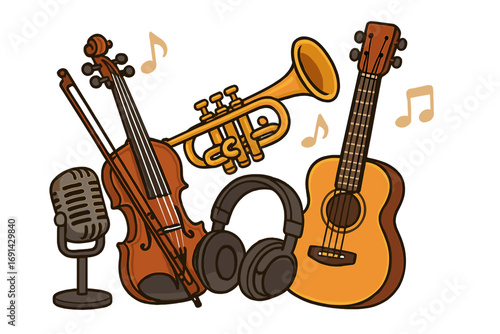 Musical instruments vector set. Cartoon collection with violin, guitar, trumpet, vintage microphone, and headphones. Sound recording, audio equipment, and music concept.