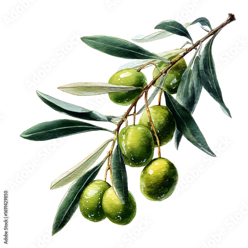 Watercolor illustration of an olive branch isolate on white background