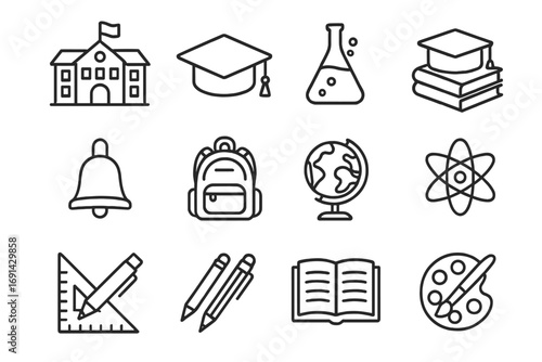 Education and school line icon set. University, college, and learning symbols. Graduation cap, book, globe, science, art. Vector outline pictogram collection for web design.