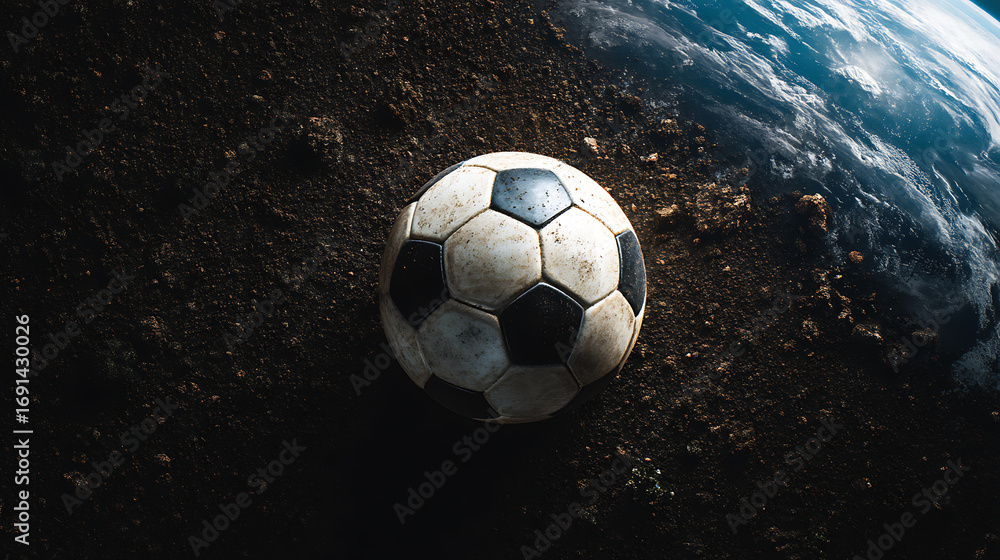 Fototapeta premium A soccer ball on the ground, with a clear focus on details, top view