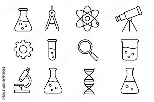 Science and research thin line icon set. Vector collection of laboratory symbols for chemistry, biology, physics. Contains flask, atom, microscope, DNA, and telescope icons.