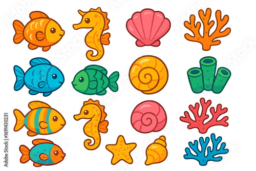 Cute sea animal icon set. Cartoon marine life collection with fish, seahorse, shell, coral, starfish. Vector underwater ocean elements. Colorful aquatic creature illustration.