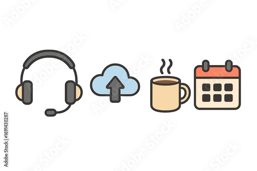 Remote work icon set for home office. Headset for customer support, cloud upload for data backup, coffee break mug, calendar for schedule. Freelance workflow concept vector.