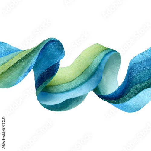 Watercolor painted wavy ribbon of blue and green isolate on white background
