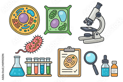Biology science education icon set. Laboratory research elements. Animal cell, plant cell, bacteria, microscope, test tube, lab equipment. Vector cartoon for classroom learning.