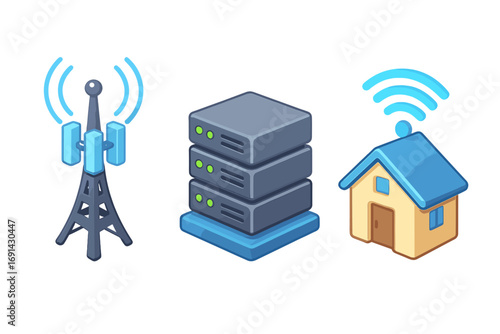 Isometric tech icons set with 5G tower, server rack, and smart home. Vector illustration for concepts like data center, cloud computing, wireless communication, and IoT.
