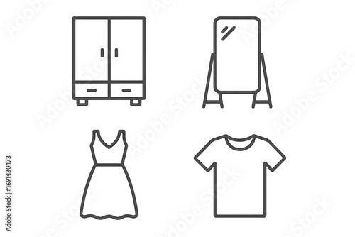Furniture and clothing line icon set. Closet, wardrobe, floor mirror, dress, t-shirt symbols. Editable stroke vector. Minimal linear pictogram for fashion or home design.