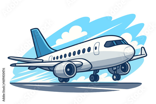 Cartoon airplane on runway. Vector passenger jet taking off. Aviation and travel concept. Commercial aircraft flight illustration. Airport departure or landing scene.