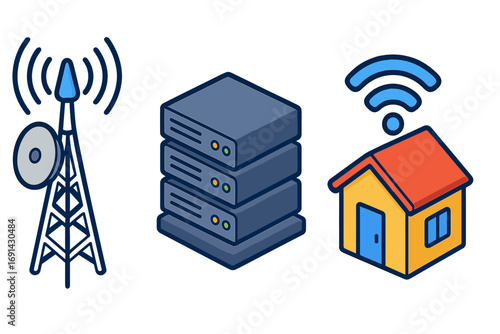 Isometric tech icons set with 5G tower, server rack, and smart home. Vector cartoon illustration for wireless communication, data center, and home automation technology concepts.