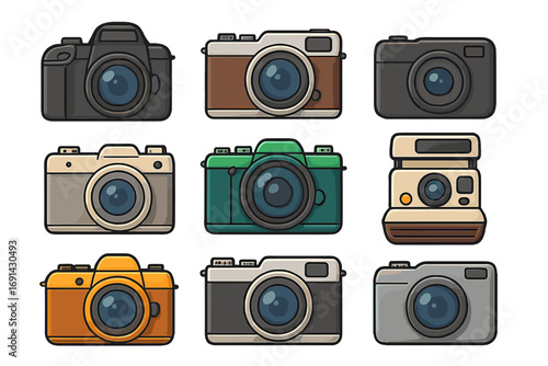 Camera illustration set. Collection of various photography equipment icons. Retro, vintage, modern DSLR and instant photo cameras. Minimalist cartoon vector design element.