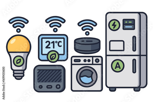 Smart home device and appliance icon set. Energy efficiency concept. IoT household automation system. Wifi connectivity for modern living. Eco friendly technology vector illustration.