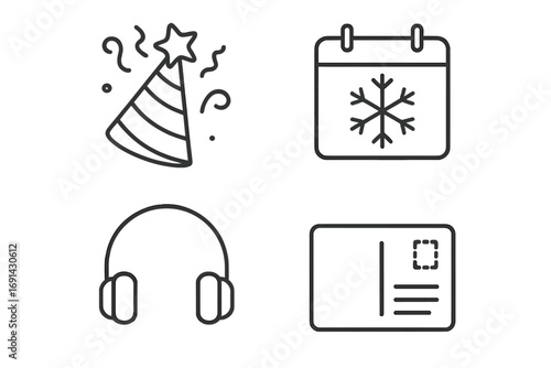 Party and holiday celebration line icon set. Winter calendar, headphones, postcard vector pictograms. Minimalistic linear icons for web, app design. Editable stroke.