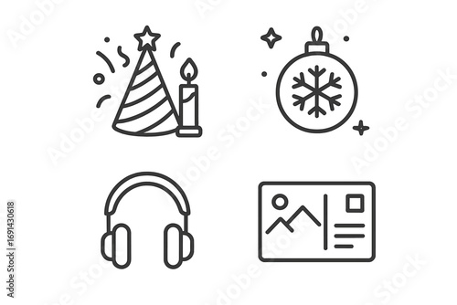 Party and holiday celebration line icon set. Birthday hat, candle, Christmas ornament, headphones for music, and travel postcard. Minimalist linear pictograms with editable stroke.