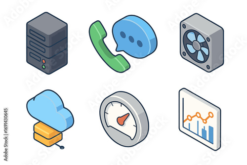 Isometric technology icon set for data center and web services. Server, cloud computing, communication, cooling, speed test, and data analysis vector icons collection.