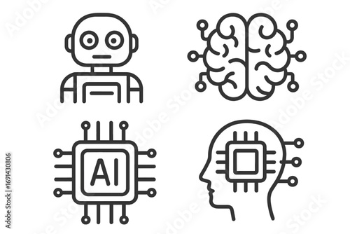 AI linear icons. Artificial intelligence, machine learning line icon set. Robot, neural network brain, CPU chip, cyborg head. Future technology, data science vector symbols.