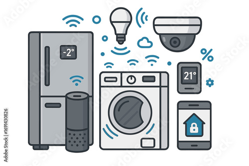 Smart home technology concept with connected appliances. Internet of Things (IoT) for home automation. Vector icons of refrigerator, washing machine, camera, and voice assistant.