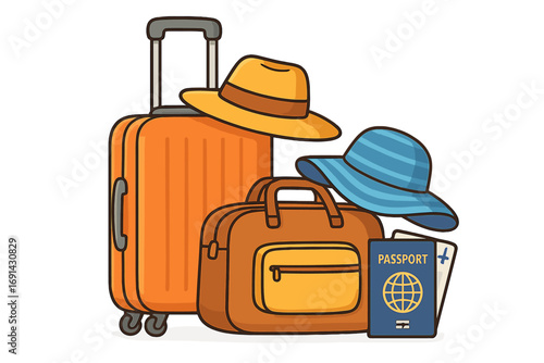 Travel essentials for summer vacation. Luggage, suitcase, bag, passport, tickets and hats for a holiday journey. Tourism and trip concept. Vector cartoon illustration isolated.