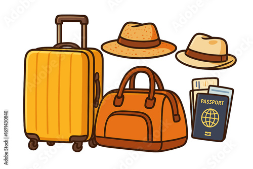 Summer vacation travel essentials icon set with luggage, passport, and sun hats. Vector cartoon illustration of holiday journey items. Tourism and trip concept isolated.