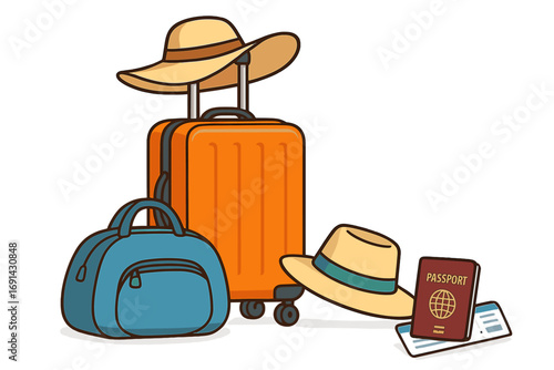 Travel essentials for summer vacation. Luggage, suitcase, bag, passport, and tickets for a journey. Holiday trip concept with tourist accessories and documents. Vector icon set.