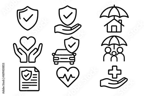 Insurance icons collection. Linear symbols for safety, security and protection. Vector icons for car, family, health and life insurance. Secure shield. Medical cross sign.
