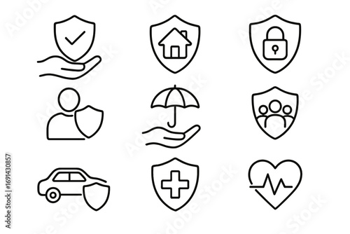Insurance icon set. Linear symbols for protection, safety, healthcare, life, home, car insurance. Vector line art collection. Business security, family care, property coverage concepts.