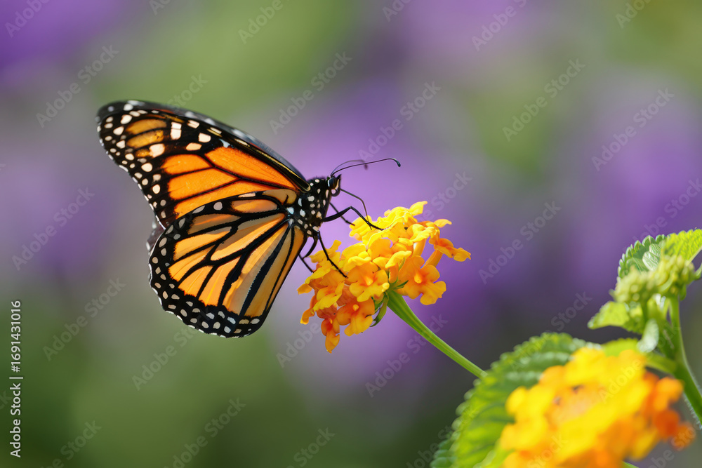 Obraz premium Detailed Close-Up of a Monarch Butterfly Sipping Nectar from Vibrant Yellow Lantana Flowers in a Lush Garden Setting with Soft, Blurred Background