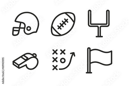 American football icon set with helmet, ball, and goalpost. Vector line art symbols for sport, game, and strategy. Includes whistle, playbook diagram, and flag illustrations.