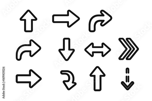Vector arrow icon set. Minimalist black line pointer collection. Simple directional symbols for navigation, UI, website design. Up, down, left, right, next, download, share.