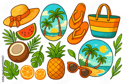 Tropical summer vacation elements set. Cartoon vector illustration collection with beach accessories, fruits, palm trees. Holiday travel icons like hat, pineapple, sunglasses.