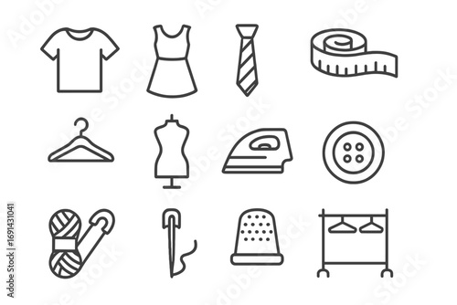 Sewing and tailoring line icon set for fashion design. Dressmaking and garment making concepts. Includes needle, thread, button, mannequin, iron, t-shirt, and dress icons.