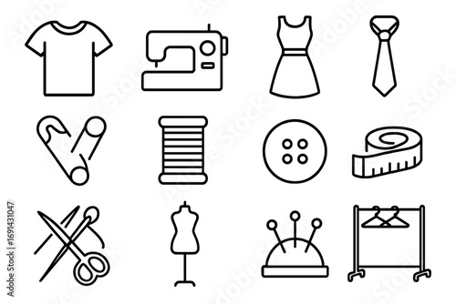 Sewing and tailoring line icon set for fashion and crafts. Dressmaking, needlework, and handmade garment concepts. Vector icons of machine, scissors, thread, mannequin, clothes.