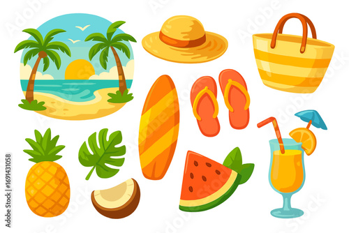 Tropical summer beach elements set. Vector cartoon collection with palm trees, surfboard, pineapple, cocktail. Holiday vacation travel icons for design. Isolated background.