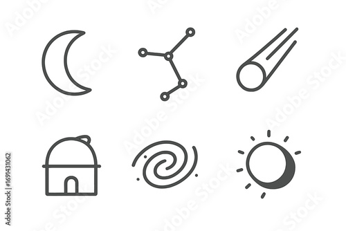 Minimalist astronomy line icon set. Moon, constellation, observatory, comet, galaxy, and eclipse symbols. Simple space and science vector pictogram collection for design.