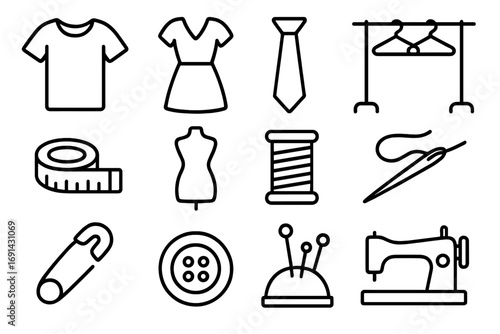 Set of sewing and garment related line icons. Editable stroke. Fashion design, needlework, tailoring symbols. Contains t-shirt, dress, mannequin, and sewing machine.