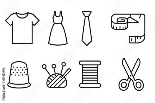 Sewing and tailoring line icon set. Vector collection of fashion design and dressmaking outline icons. Editable stroke symbols for craft, hobby, and garment industry.