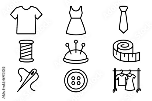 Sewing and tailoring line icon set. Garment, fashion, and dressmaking symbols. Editable stroke vector collection of T-shirt, dress, tie, needle, thread, button, hobby.