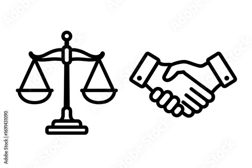 Law justice and partnership icon. Scales of justice and handshake symbol. Metaphor for legal agreement, business contract, fair deal, settlement, ethics, trust, court, lawyer.