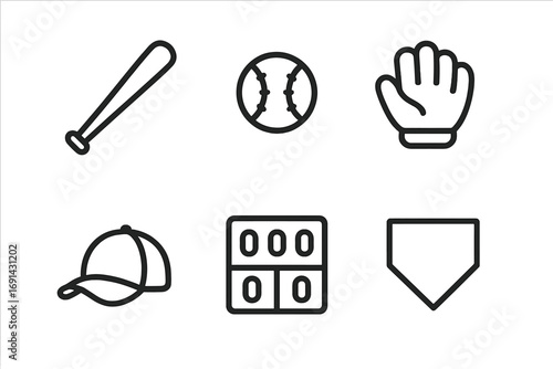 Set of minimalist baseball icons. Line art vector of bat, ball, glove, cap, scoreboard, home plate. Sports equipment illustration. Outline cartoon symbols for web and print.
