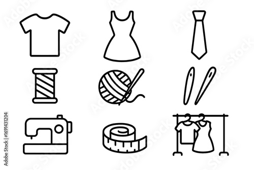 Sewing and garment line icon collection. Vector symbols of fashion, tailoring, and dressmaking. Contains t-shirt, dress, tie, needle, thread, and sewing machine icons.