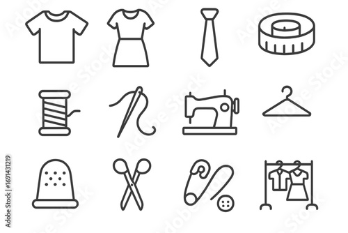 Sewing and tailoring line icon set. Garment, fashion design and dressmaking pictograms. Vector collection of clothes, sewing machine, needle, thread, scissors, thimble.