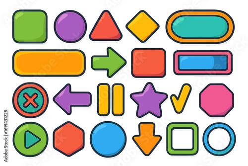 Colorful cartoon buttons and icon set for game or web GUI. Vector collection of glossy user interface elements for navigation, play, pause, arrows, and basic geometric shapes.