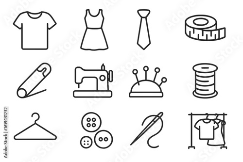 Sewing and tailoring line icon set. Fashion design and garment creation symbols. Vector collection for dressmaking, craft, and apparel. Includes sewing machine, needle, thread.