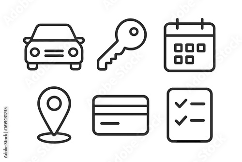Car rental service icon set. Minimalist line icons for booking and transport business. Vector symbols for auto, key, calendar, location, credit card payment, and checklist.