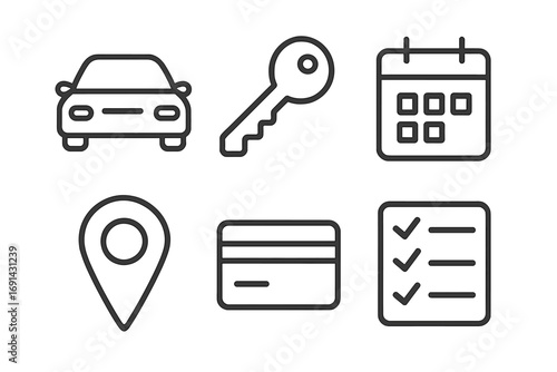 Car rental icon set. Vector line icons for booking and reservation service. Includes car, key, calendar, location pin, credit card payment, and checklist for auto business.