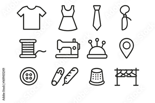 Sewing and tailoring line icon set. Garment and fashion vector symbols. Collection includes T-shirt, dress, sewing machine, thread, button, thimble for web and app design.
