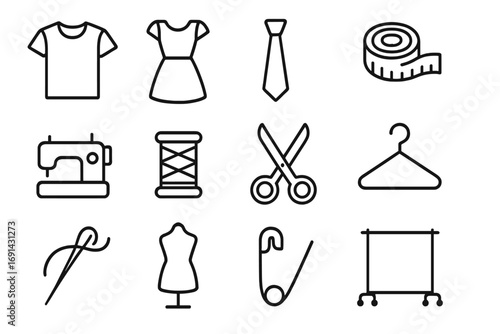 Sewing and garment line icon set. Tailor craft hobby. Fashion design dressmaking. Seamstress tool kit. Sewing machine, scissors, needle, thread, mannequin, measuring tape.