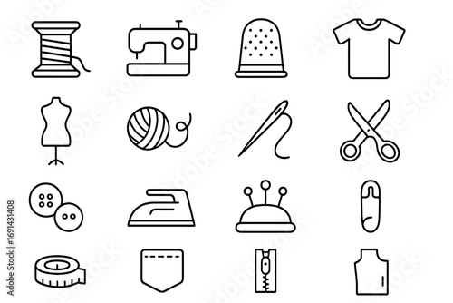 Sewing and tailoring thin line icon set. Dressmaking and needlework craft symbols. Fashion design elements like sewing machine, needle, thread, scissors, and mannequin vector.