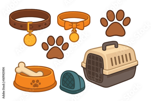 Pet accessories vector set. Cartoon dog and cat supplies for pet shop or vet clinic. Includes collar with tag, paw print, food bowl with bone, and travel carrier kennel.